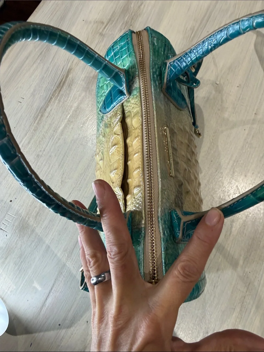 Brahmin Small Caroline Turquoise to Cream Ombre Croc-Embossed Crossbody Satchel